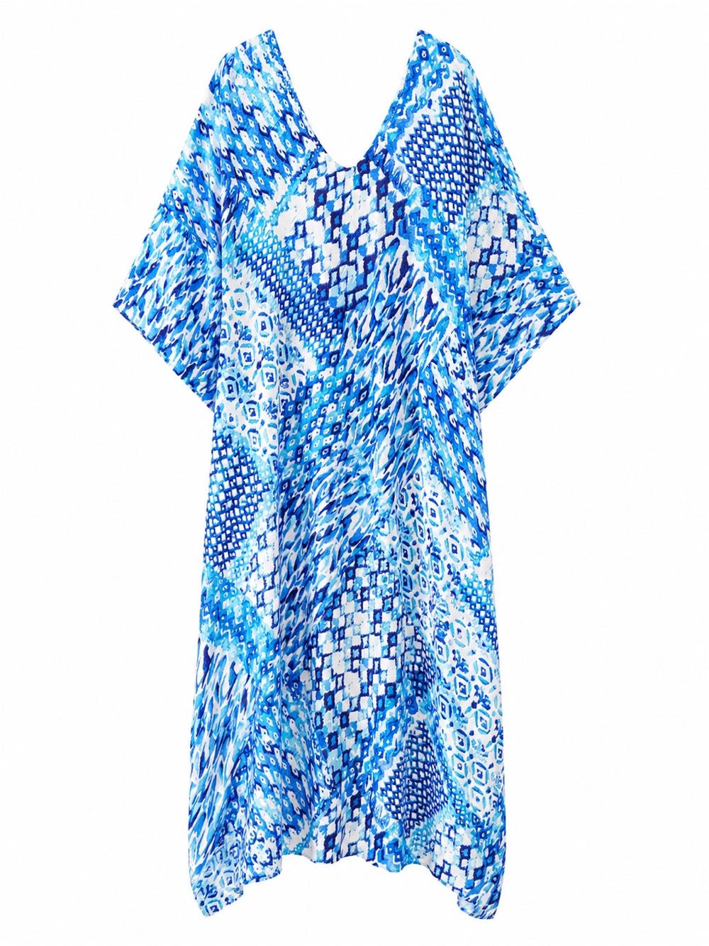 Blue Patterned V-Neck Women’s swimsuit coverup. Beach or Pool side Dress